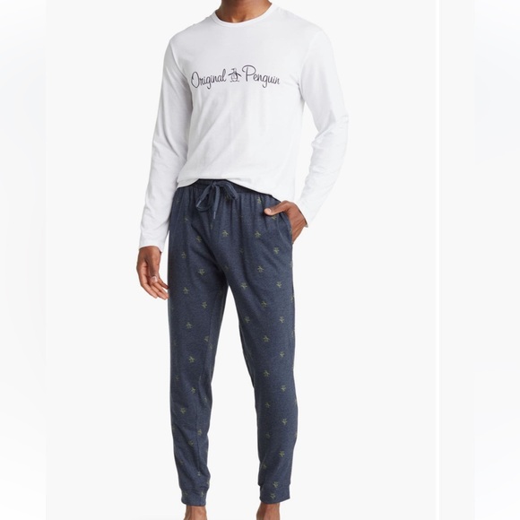New Original Penguin PJ lounge Set White Blue Jogger Long Sleeve Shirt S - Picture 1 of 7